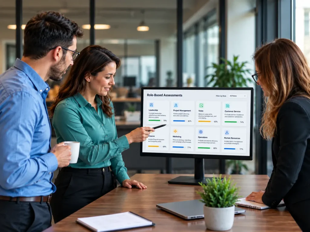 Employees reviewing role-based assessment results displayed on a computer monitor during a workplace discussion.